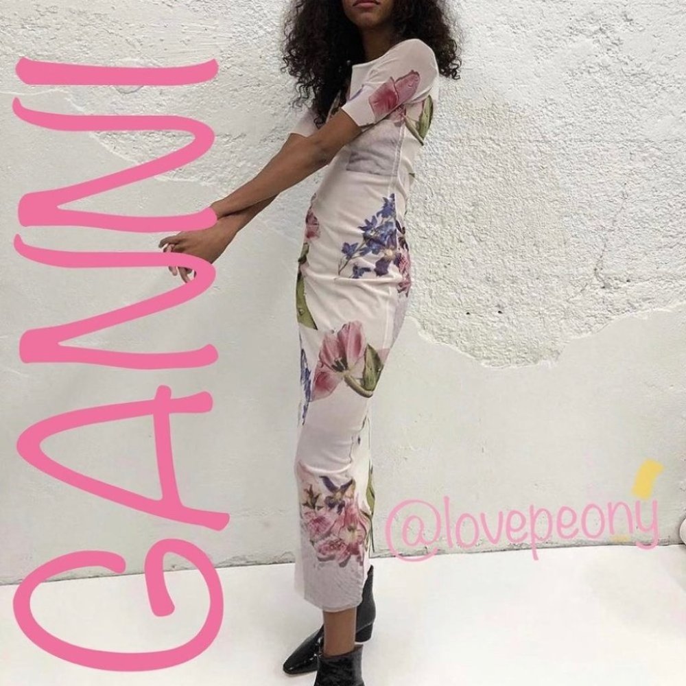GANNI Printed Bold Floral Mesh Maxi Dress